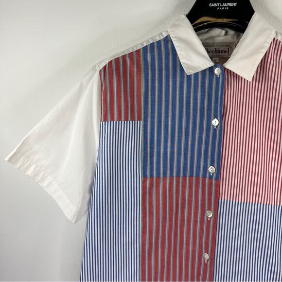 Bechamel Womens Button Up Size S Vintage Short Sleeve Patchwork Red Blue White - Picture 3 of 8